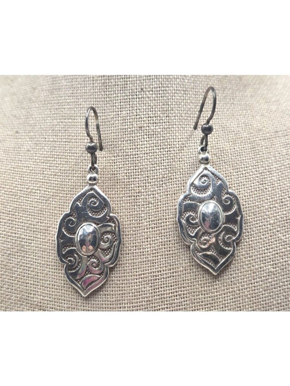 Silver Dangle Earrings With Ornate Filigree Design Lightweight Hook Closure